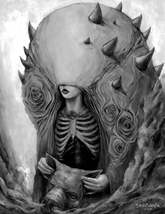 A black and white art of a skeleton chest